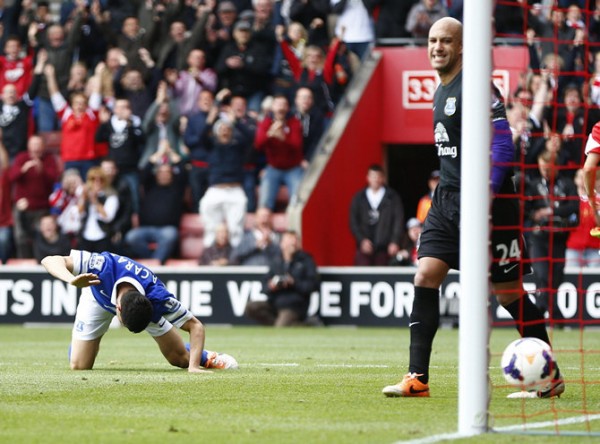 Everton's Alcaraz and team mate Howard react after Alcaraz scored an own goal during their English Premier League soccer match against Southampton at St Mary's stadium in Southampton