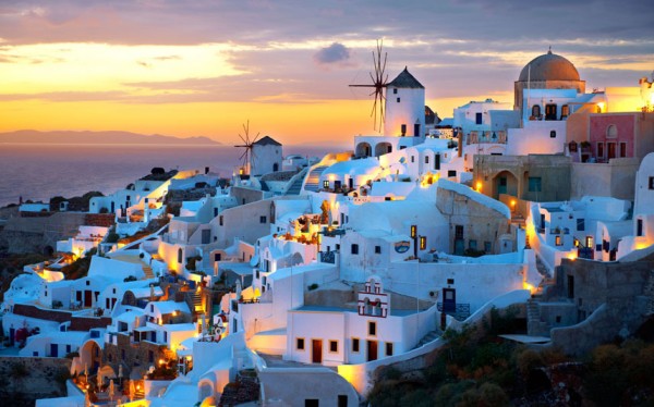 Oia ( Ia ) Santorini - Windmills and town at sunset, Greek Cyclades islands - Photos, pictures and images