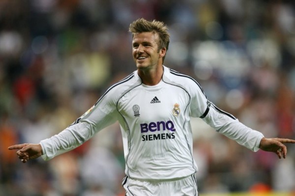 Real Madrid's David Beckham jubilates after his goal during the Spanish league match Real Madrid/ Real sociedad at the Santiago Bernabeu Stadium in Madrid, 17 September 2006.   AFP PHOTO/PHILIPPE DESMAZES COPYRIGHT SCANPIX Code: 444
