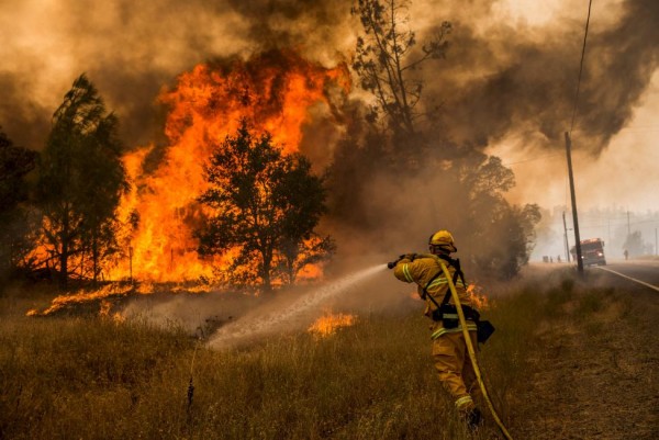 A firefighter battles a spot fire at the Rocky Fire in Lake County, July 30, 2015. REUTERS/Max Whittaker