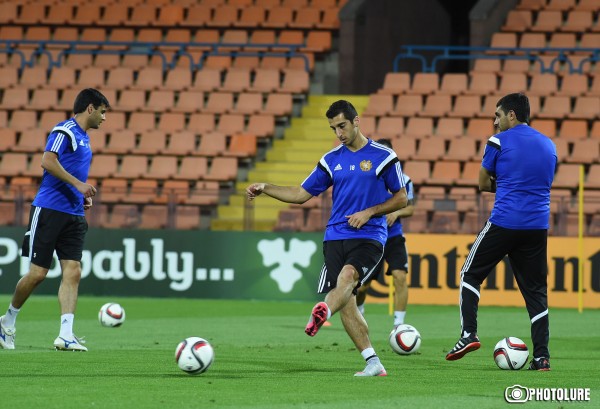 YEREVAN, ARMENIA - SEPTEMBER 06: Armenia players exercise at Vazgen Sargsyan Stadium during pre-match training session on September 06, 2015 ahead of the UEFA Euro 2016 Group I qualifying round game between Armenia and Denmark at Vazgen Sargsyan stadium in Yerevan, Armenia on September 07
