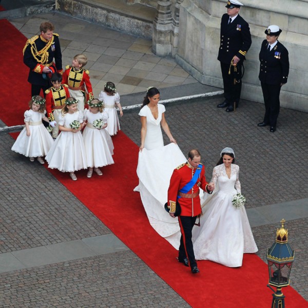 LONDON, ENGLAND - APRIL 29:  Their Royal Highnesses Prince William, Duke of Cambridge and Catherine, Duchess of Cambridge are followed by Maid of Honour Pippa Middleton, their page boys and bridesmaids and their best man Prince Harry as they prepare to begin their journey by carriage procession to Buckingham Palace following their marriage at Westminster Abbey on April 29, 2011 in London, England. The marriage of the second in line to the British throne was led by the Archbishop of Canterbury and was attended by 1900 guests, including foreign Royal family members and heads of state. Thousands of well-wishers from around the world have also flocked to London to witness the spectacle and pageantry of the Royal Wedding.  (Photo by Dave Cannon/GP/Getty Images) *** Local Caption *** Prince William;Princess Catherine;