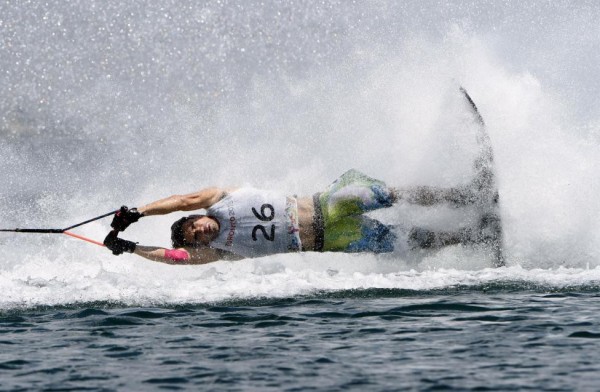 Carlos Lamadrid of Mexico crashes in the waterski slalom preliminary round during the 2015 Pan Am Games in Toronto, July 20, 2015.  Eric Bolte-USA TODAY Sports