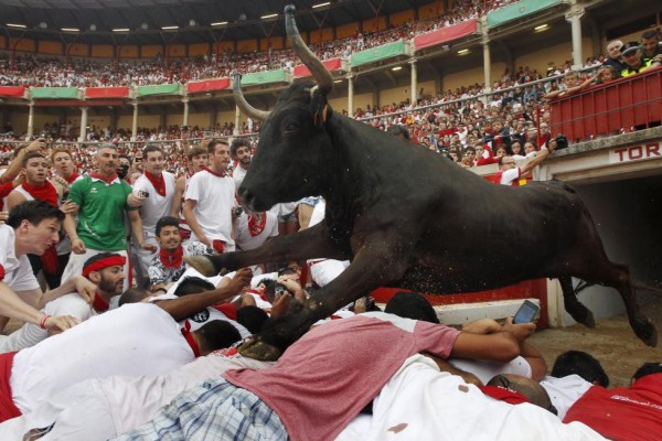 A wild cow leaps over revellers into the bull ring after the second running of the bulls of the San Fermin festival in Pamplona, northern Spain, July 8, 2015.  REUTERS/Joseba Etxaburu