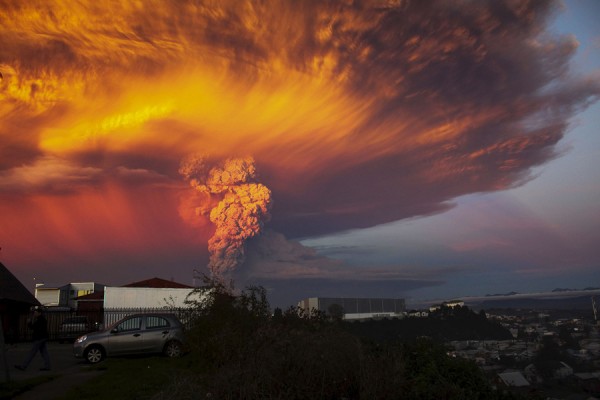 Smoke and ash rise from the Calbuco volcano as seen from the city of Puerto Montt