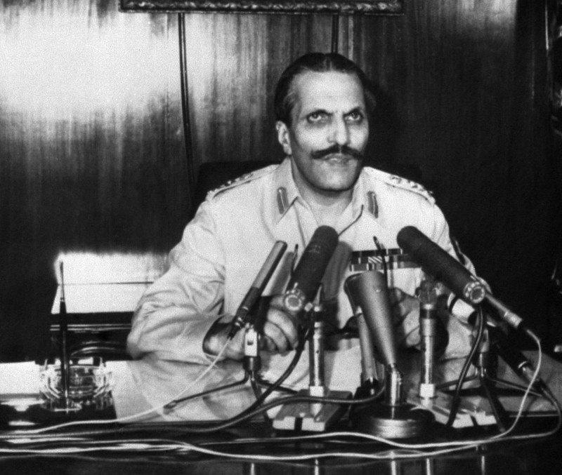 ISLAMABAD - JULY 5: Pakistanese Chief of Army staff General Muhammad Zia-Ul-Haq, who leads army coup, gives a speech on Pakistan radio on July 5, 1977. Appointed Chief of Army Staff in 1976, General Zia-ul-Haq came to power after he overthrew ruling Prime Minister Zulfikar Ali Bhutto, after widespread civil disorder, in a bloodless military coup d'Ètat on July 5, 1977 and imposed Martial Law. He assumed the post of President of Pakistan in 1978 which he held till his death on 17 August 1988. Prime minister Zulfikar Ali Bhutto was tried for corruption and murder, sentenced to death and executed in 1979 in spite of worldwide appeals for clemency. (Photo by AFP/Getty Images)