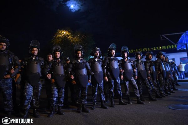 Policemen closed Khorenatsi-Christophor crossroad on the occasion  of armed occupation of the police station in Erebuni district in Yerevan, Armenia