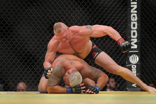 LAS VEGAS, NV - JULY 9: Brock Lesnar punches Mark Hunt during the UFC 200 event at T-Mobile Arena on July 9, 2016 in Las Vegas, Nevada. (Photo by Rey Del Rio/Getty Images)