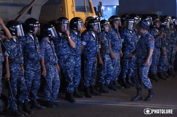 Policemen closed Khorenatsi-Christophor crossroad on the occasion of armed occupation of the police station in Erebuni district in Yerevan, Armenia