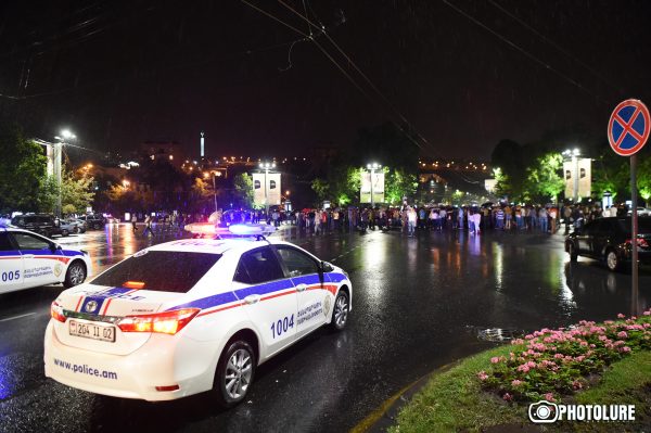 During the protest march in support of members of 'Sasna Tsrer' group, which occupied the Patrol-Guard Service Regiment of Erebuni district for over 12 days, protesting people closed the French Square in Yerevan, Armenia