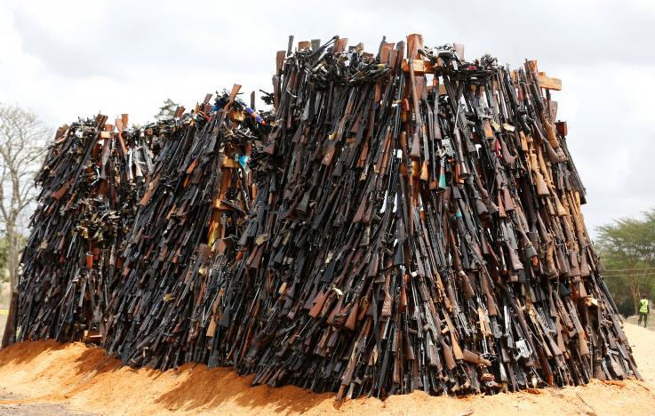 An assortment of 5250 illicit firearms and small weapons, recovered during various security operations is arranged in different stock-piles before its destruction in Ngong hills near Kenya's capital Nairobi, November 15, 2016. REUTERS/Thomas Mukoya